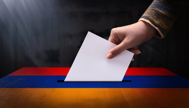 a hand put a voting paper in an armenia flag country; dark atmosphere