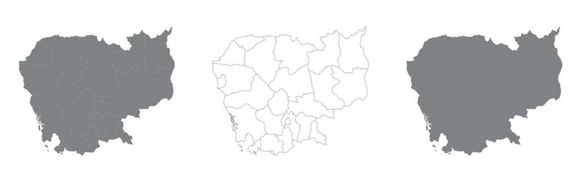 Cambodia map set including provincial boundaries and grey solid geographic silhouettes.