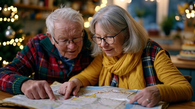 An elderly couple traces the route of their first road trip on an old paper atlas unfolded across a kitchen table, anniversary cake visible in the background, perfect for anniversary traditions, nos