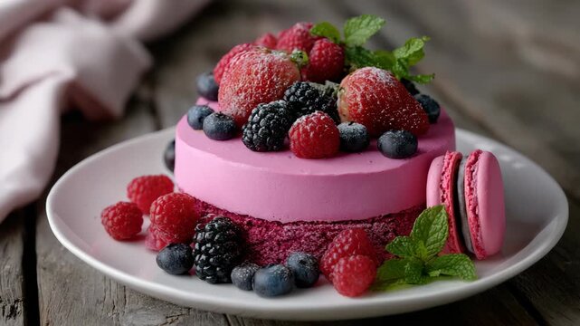 Pink berry cake with macaron on wooden table