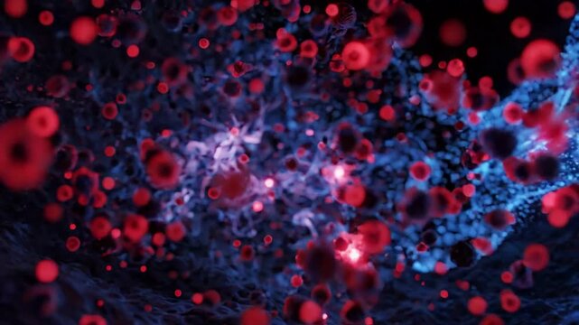 Abstract swirling micro particles, red spheres with blue glowing energy waves, dark background suggesting cellular or cosmic exploration