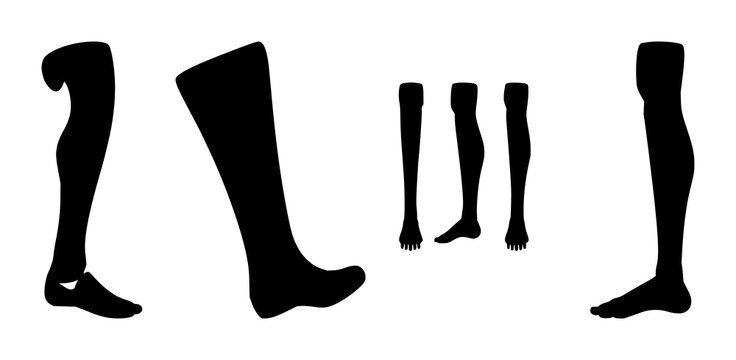 Prosthetic leg silhouette set with single solid black icon on white background featuring medical, health, technology with design and illustration