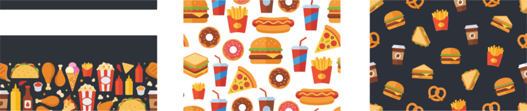 Fast food seamless pattern set with burgers pizza and snacks in flat design for restaurant packaging