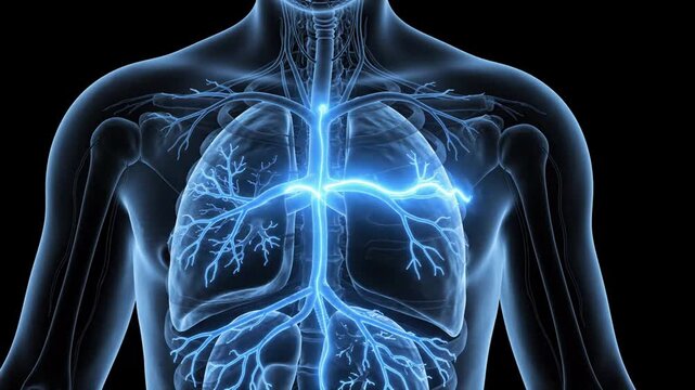 Human anatomy visualization, glowing blue lungs and trachea with pulsing energy, internal body system representation, medical science