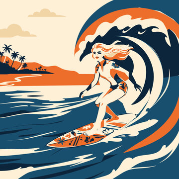 Surfer girl on Hawaii beach sunrise for t-shirt and travel posters. Minimalist flat vector illustration of a young woman surfing 