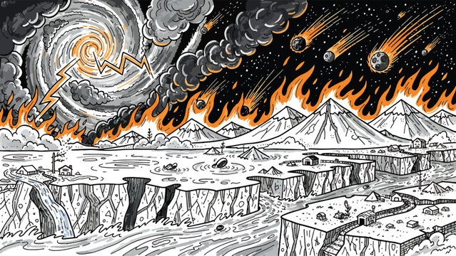 Apocalyptic landscape with burning mountains.