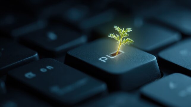 A growing plant sprout from computer keyboard keys