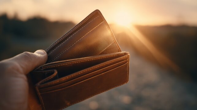 Empty wallet held against a sunset background, symbolizing financial difficulties