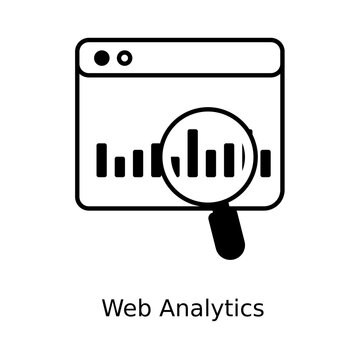 Web Analytics Icon. Vector icon of a browser window with bar chart and magnifying glass. Perfect for SEO, web traffic, and digital analytics.