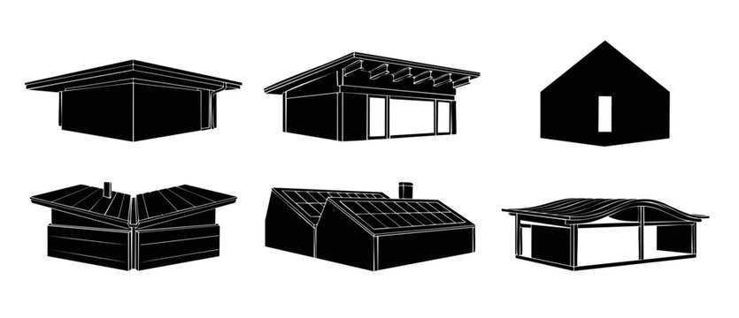 Modern House Roof Architecture Set - Minimalist Building Silhouette Collection, Industrial Construction Design Elements, Sustainable Home Exterior Concept for Blueprint and Real Estate Architectural P