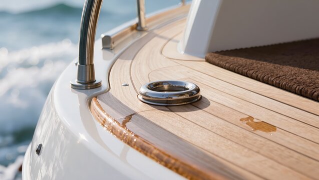Close-up of a luxury yacht deck featuring teak wood flooring, a stainless steel handrail, and a chrome mooring ring. Concept of maritime travel, luxury lifestyle, and nautical design