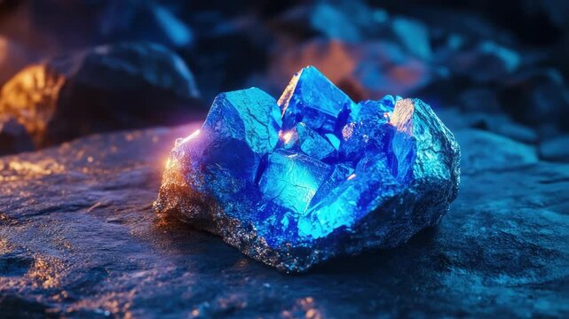 Vibrant blue crystals illuminated on rocky surface in low light