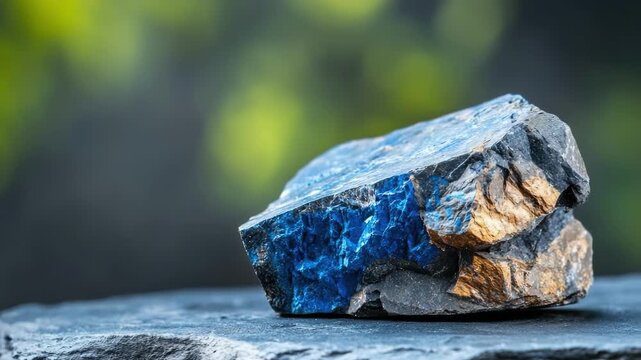 Vibrant blue sapphire in raw state on slate surface with green bokeh background