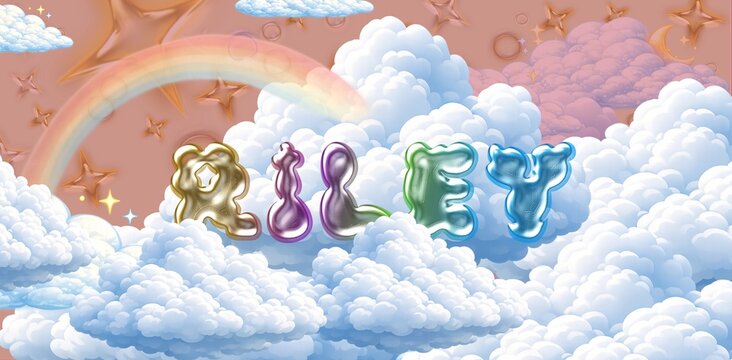Riley name. Colorful 3D Cloud Fantasy Background with Glossy Balloon Letters. Dreamy Sky, Stars and Soft Clouds Illustration. 