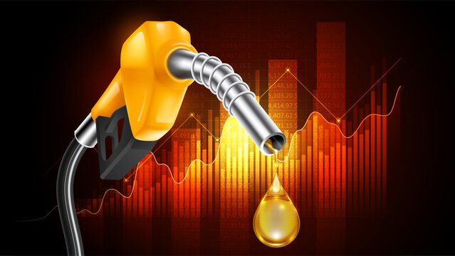 Rising oil prices concept with yellow fuel pump nozzle and growing financial chart background, vector illustration