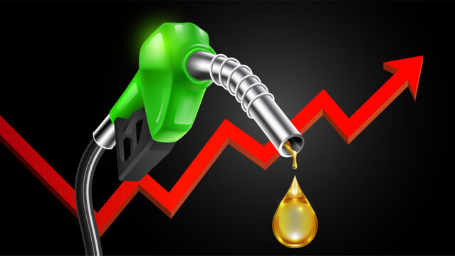 Rising oil prices concept with green fuel pump nozzle and red upward arrow on black background, vector illustration