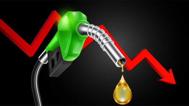 Falling oil prices concept with green fuel pump nozzle and red downward arrow on black background, vector illustration