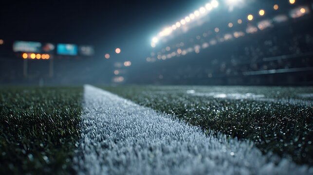 Close-up of a football field's white yard line under stadium lights at night