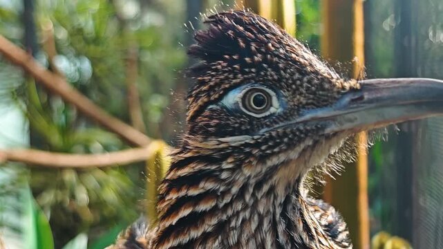 Close up of a roadrunner bird  head standing in the sand and looking around on a cloudy summer day