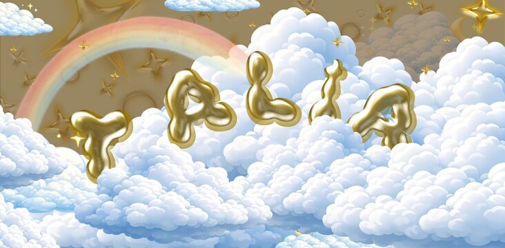 Talia name. Colorful 3D Cloud Fantasy Background with Glossy Balloon Letters. Dreamy Sky, Stars and Soft Clouds Illustration.