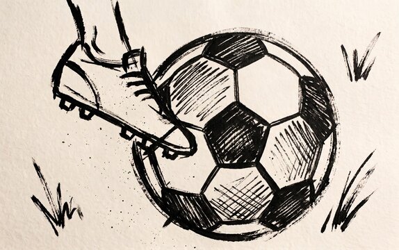 Hand-drawn ink illustration of a soccer ball being kicked, minimalist sport sketch style.