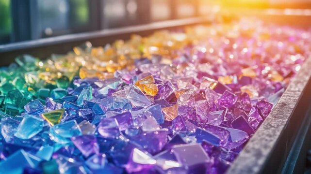 Colorful array of shimmering glass crystals in rainbow spectrum display