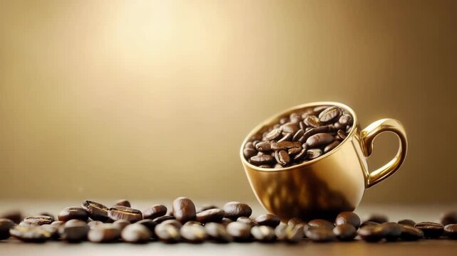 Floating coffee beans and golden cup with rich aroma on brown background
