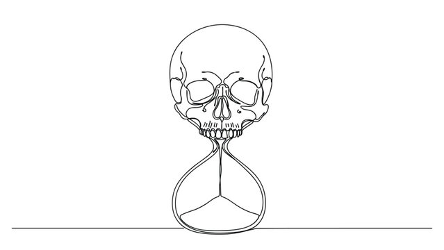 Skull hourglass single line drawing on transparent background, concept of time.