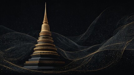 Fototapeta premium Golden Buddhist Stupa Against Cosmic Waves: Sacred Architecture Meets Digital Art in a Starry Nightscape