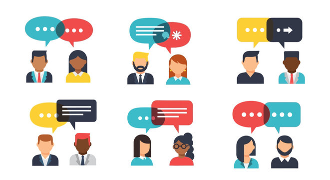 Diverse people talking in speech bubbles.