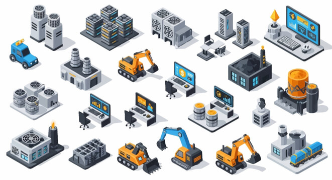 Industrial isometric icons set with machinery and technology.