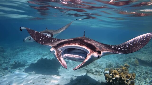 Majestic Manta Rays Gliding Through Sunlit Deep Blue Ocean