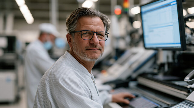 Focused male surface-mount technology operator calibrating pick-and-place machinery settings before circuit board production run, clean-room protocol followed, engineering specifications visible on 