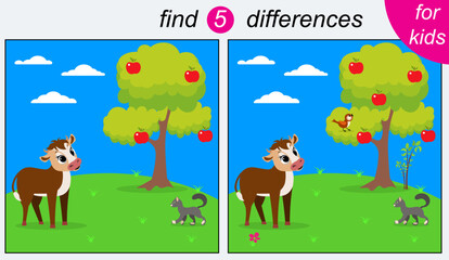 Fototapeta premium Logic puzzle game for kids. You need to find 5 differences. Farm. A cute calf is standing in the garden. Vector