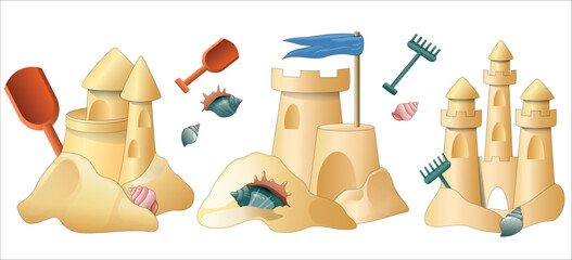 Sandcastle beach toys set with shovel rake and seashells on white background. © Viktoria