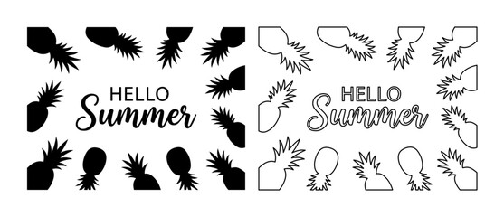 Hello Summer tropical pineapple frame vector, black silhouette and outline fruit border, seasonal greeting card design with exotic fruit elements © usman