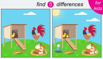 Logic puzzle game for kids. You need to find 5 differences. Farm. A rooster crows near the chicken coop. Vector © Tatik22