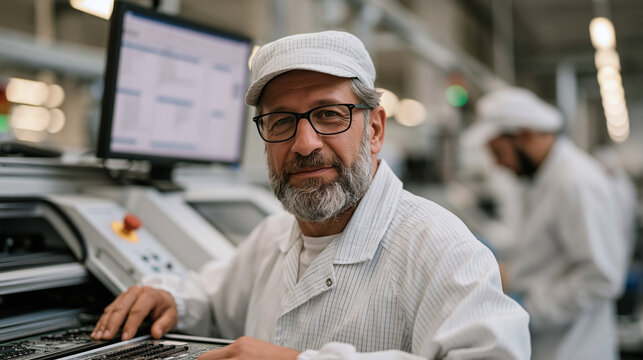 Focused male surface-mount technology operator calibrating pick-and-place machinery settings before circuit board production run, clean-room protocol followed, engineering specifications visible on 