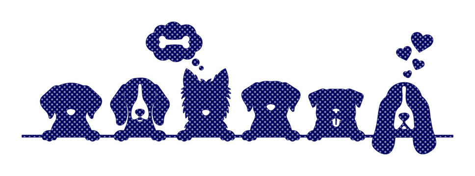 Minimalist dog breed silhouettes in navy blue, cute puppy head icons with bone and heart bubbles, pet shop and veterinary clinic vector graphics