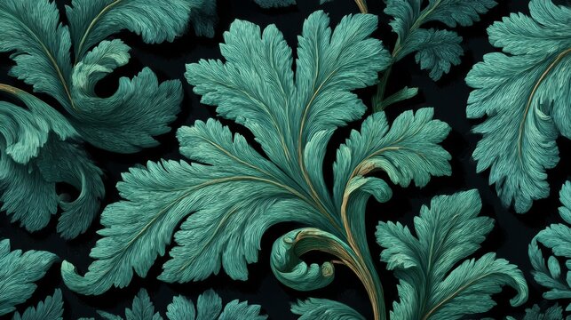Baroque Acanthus Leaf Ornament in Olive Green &mdash; 3D Textured Relief Pattern on Dark Background, Elegant Decorative Texture