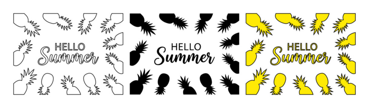 Hello Summer pineapple vector frame set, tropical fruit border collection in black and yellow, seasonal greeting card layout with exotic pineapples