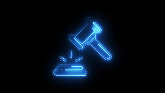 Blue Neon Gavel Icon Glowing on Black Background judge justice