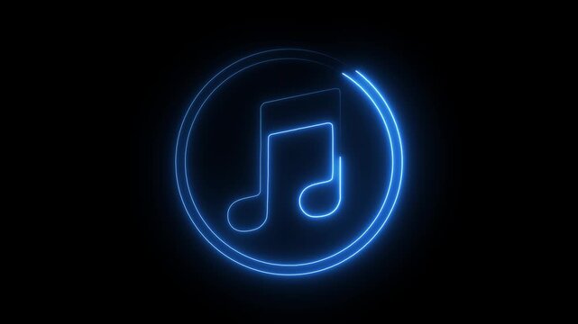 Blue Neon Music Note Icon on Black Background symbol audio