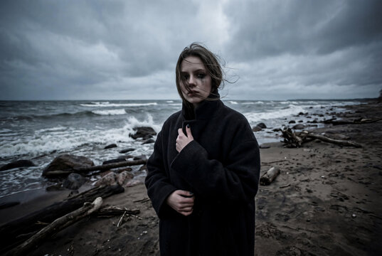 Lonely young woman in black wool coat standing on stormy beach under gloomy sky as symbol of grief depression or psychological trauma in cinematic scandi noir style