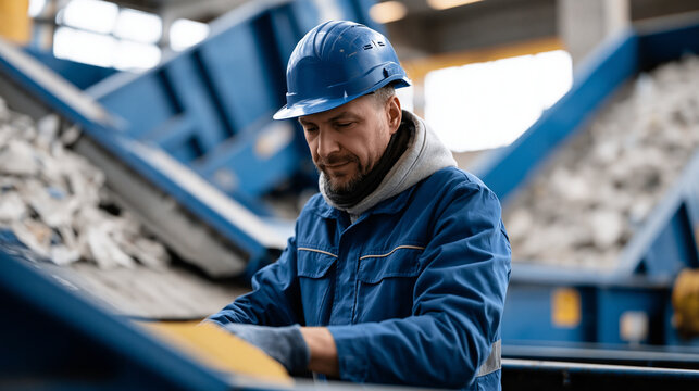 Solitary male worker operating industrial glass crushing and sorting machine at municipal recycling processing center, protective equipment properly worn, clear material flow visible from input hopp