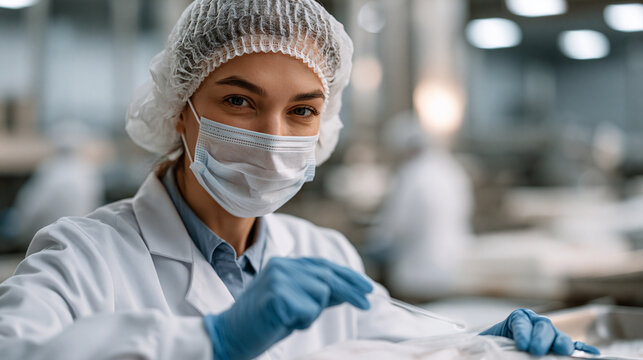 Single female factory hygiene officer swabbing food-grade production surfaces for contamination testing inside certified ethical protein processing facility, stringent safety protocols visible throu