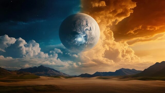 Stunning extraterrestrial landscape with dual sky and mysterious planet