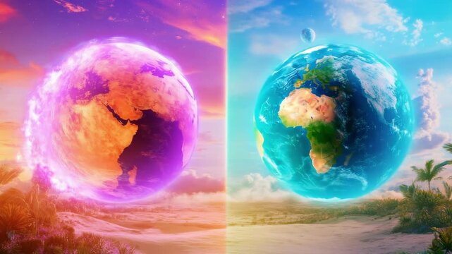 Surreal dual planetary landscape with vivid sunset and celestial blue sky