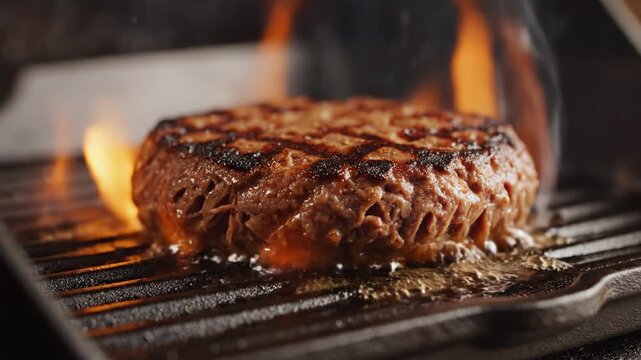 A thick juicy beef patty cooks on a cast iron grill pan surrounded by orange flames and smoke. Intense heat and appetizing sizzle capture a gourmet cooking mood. Ideal for food blog or menu.
