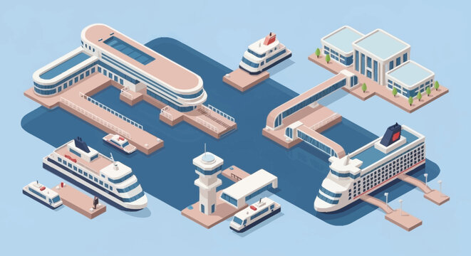 Isometric illustration of a modern cruise ship port with various vessels and facilities.